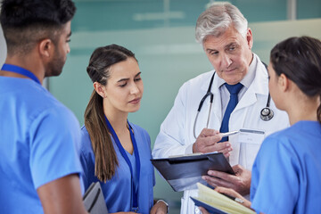 Aufkleber - Healthcare, tablet or doctor with nurse students at hospital for surgery schedule, planning or learning support. Clinic, teamwork and mature surgeon mentor with interns for digital teaching checklist