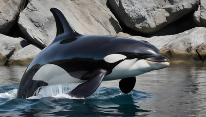 orca whale leaping from water near rocks