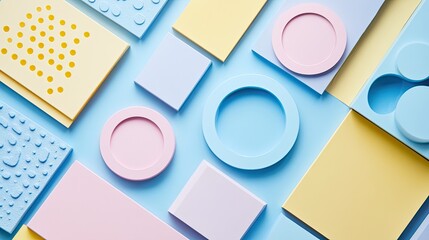 Poster - Colorful Geometric Shapes and Textures on Blue Background Flatlay
