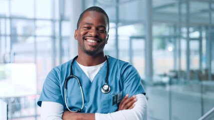 Poster - Face, happy black man and confident nurse in clinic for medicine, wellness career and arms crossed. Smile, physician and medical professional with surgeon, healthcare worker and employee in hospital