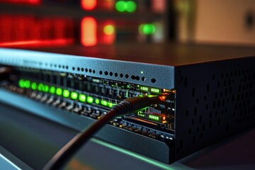 Poster - Network server powered on and connected with glowing indicators in a modern data center setup