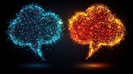 Fototapete - Digital Dialogue:  A mesmerizing interplay of light and data forming two vibrant speech bubbles, symbolizing connection and communication in the digital age.