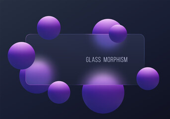 a frosted glass rectangle surrounded by bright purple spheres on a dark textured background.