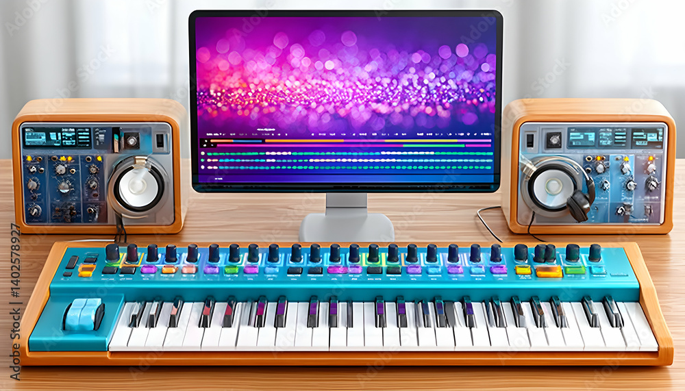 Mid Set Up Computer Music production studio setup with computer, midi keyboard, and ...