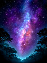 Wall Mural - Vibrant nebula over silhouetted trees at night