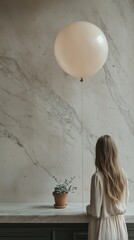 Poster - woman standing alone with a large balloon and a potted plant in a minimalist space with marble walls