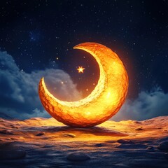Poster - A luminous crescent moon glows brightly on a desolate planet under a starlit night sky.