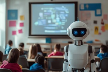 Poster - Robot teaches children about technology in a classroom setting during a school day