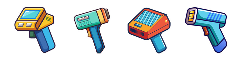 Poster - Collection of Four Futuristic Handheld Devices with Colorful Designs and Unique Features