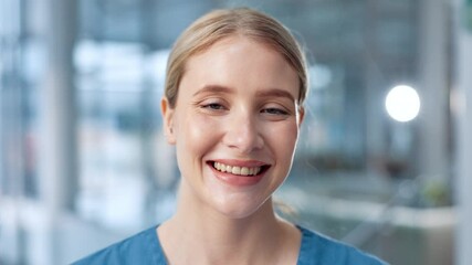 Poster - Face, happy woman and nurse in clinic for medicine, wellness career and portrait. Smile, physician or medical professional, confident surgeon and healthcare worker or employee in hospital with pride