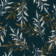 Wall Mural - Herbal leaves hand drawn seamless pattern. Botanical background. Vector tile for textile design, wrapping paper, decoration, web, social media