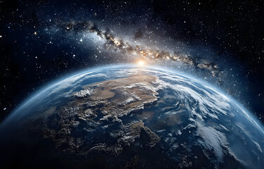 Wall Mural - panoramic view of the earth, sun, star and galaxy. sunrise over planet earth, view from space.