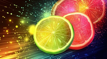 Poster - Colorful citrus slices glowing against a vibrant, abstract background with dynamic light effects