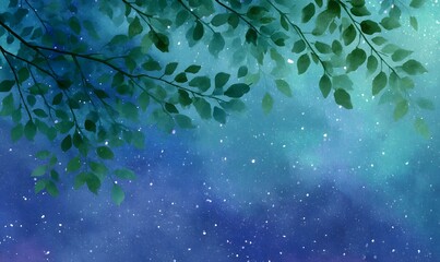 Wall Mural - tree with leaves nighttime seamless watercolor, generative ai