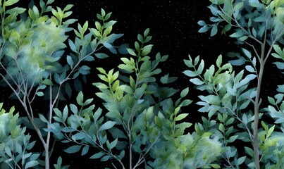 Wall Mural - tree with leaves nighttime seamless watercolor, generative ai