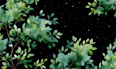 Wall Mural - tree with leaves nighttime seamless watercolor, generative ai