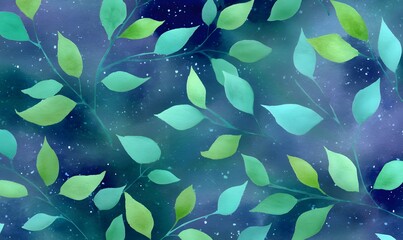 Wall Mural - tree with leaves nighttime seamless watercolor, generative ai