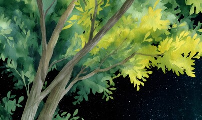 Wall Mural - tree with leaves nighttime seamless watercolor, generative ai