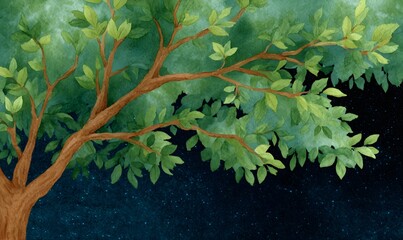 Wall Mural - tree with leaves nighttime seamless watercolor, generative ai