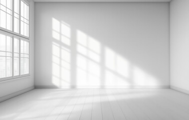 Poster - bright, minimal white interior with large windows casting soft shadows on floor, creating serene and spacious atmosphere. room is empty, emphasizing simplicity and tranquility