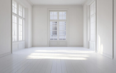Poster - bright, minimal white interior with large windows and wooden flooring creates serene and spacious atmosphere. Sunlight streams through windows, enhancing airy feel