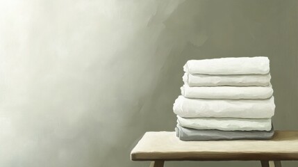Poster - Stacked Towels on a Wooden Table Against a Softly Lit Neutral Background