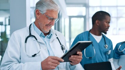 Aufkleber - doctor, tablet and telehealth with man in hospital for review of information or records. medical, sm