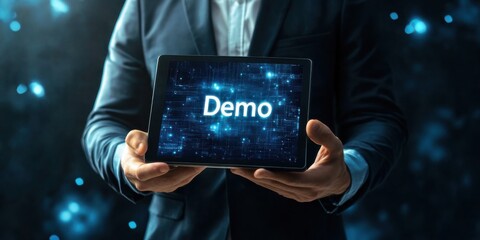 Poster - Professional presentation of a digital demo on a tablet during a business meeting in a modern setting