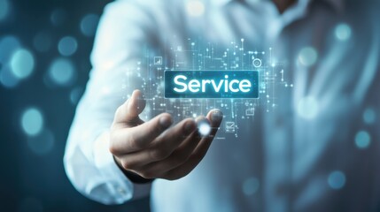 Poster - Professional offering digital service in a modern setting with technology elements surrounding the hand