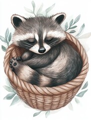 Poster - Sleepy raccoon snuggled in a knitted basket enjoying a pastel nap during a serene afternoon