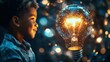 © OLEKSANDR - Young boy engrossed in creative digital learning with vibrant lightbulb concept on holographic display in a dark room.