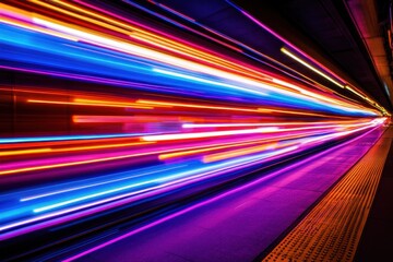 Poster - Vibrant light trails capture the speed of a passing train in an urban setting