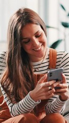 Aufkleber - Online dating, phone or woman with smile to relax on social media, texting application or chat subscription. Sign up, gen z or girl with mobile message in home for post, flirting or romantic match