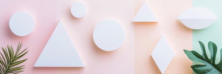 Poster - Simple geometric white stickers arranged on a soft pastel background showcasing clean lines and minimal design elements