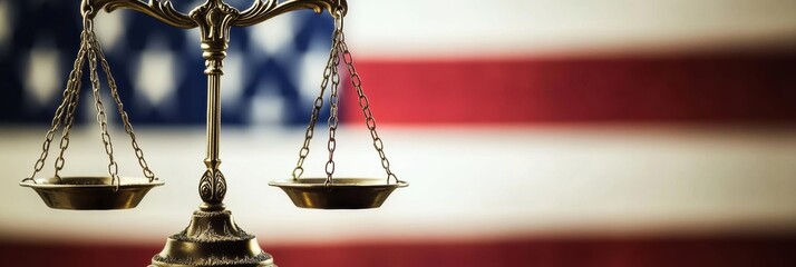Poster - Scales of justice in front of waving national flag representing balance of power and lawful society