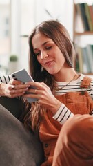 Poster - Swipe, phone or happy woman in home to relax on dating website, texting application or chat subscription. Sign up, technology or girl with mobile message or smile for post, flirting or romantic match