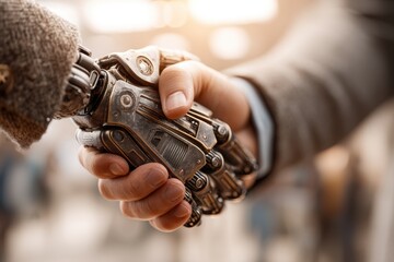 Poster - close-up of handshake between a modern suited businessman and a robot, symbolizing the future of tec