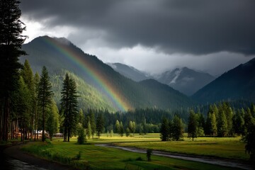 Poster - Majestic Rainbow Over Mountain Valley: A vibrant rainbow arches across a lush green valley, framed by towering mountains, showcasing nature's beauty after a storm.