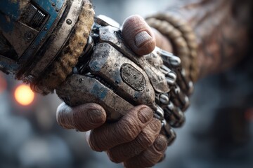 Poster - a futuristic handshake between a human and a weathered, metallic robotic hand, embodying collaborati