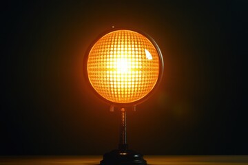 Poster - Bright yellow round light bulb on a black background, illuminating a dark space