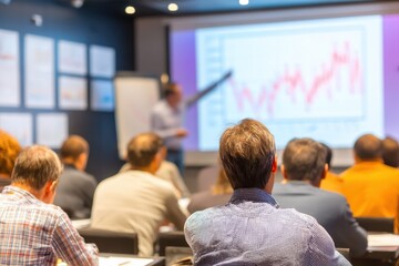 Poster - a business seminar with participants watching a presentation about a volatile stock market, presente