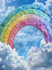 Leinwandbilder - Stitched fabric textures form a colorful rainbow archway in a serene sky filled with fluffy clouds during a bright day
