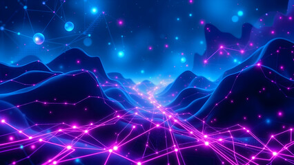 Poster - Abstract Futuristic Network: Glowing Nodes and Connections Across a Digital Landscape