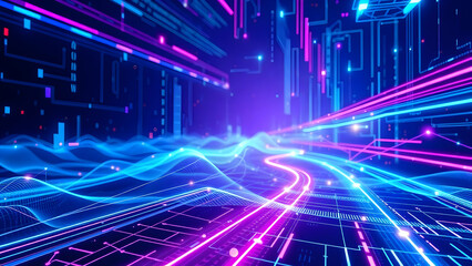 Fototapete - Neon Digital Highway: Futuristic Technology Abstract Background