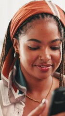 Aufkleber - Online dating, phone or black woman in home laughing on social media, texting application or chat subscription. Happy, meme or girl with mobile message or smile for post, flirting or romantic match