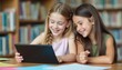 © natakot - The image captures two young girls, one with braided hair and the other with long, straight hair, engrossed in a tablet. Their radiant smiles and close proximity convey a sense of friendship and