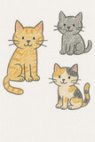 The playful pencil sketch mimics a child's drawing. Three adorable cats—a ginger tabby, a gray kitten, and a calico cat—sit happily together, drawn in bright crayon colors with friendly expressions.