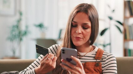 Aufkleber - Online shopping, payment and woman with debit card, smartphone and browsing on website for purchase. Home, customer and person with credit for ecommerce, smile and happy for digital product on app
