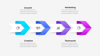 Poster - Modern infographic design with arrows representing growth, creative teamwork, and marketing strategies. Essential for business or educational presentations, detailing successful development steps