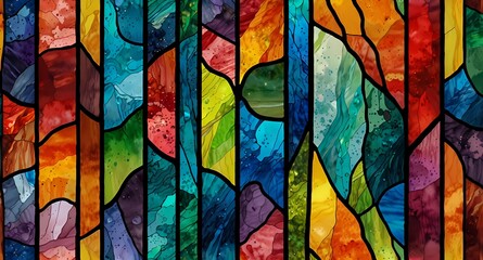 Poster - A vibrant stained glass window with abstract shapes and a multitude of bright and varied colors
